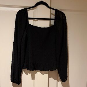 Lush Black Smocked Square Neck Blouse with Sheer Dot Sleeves